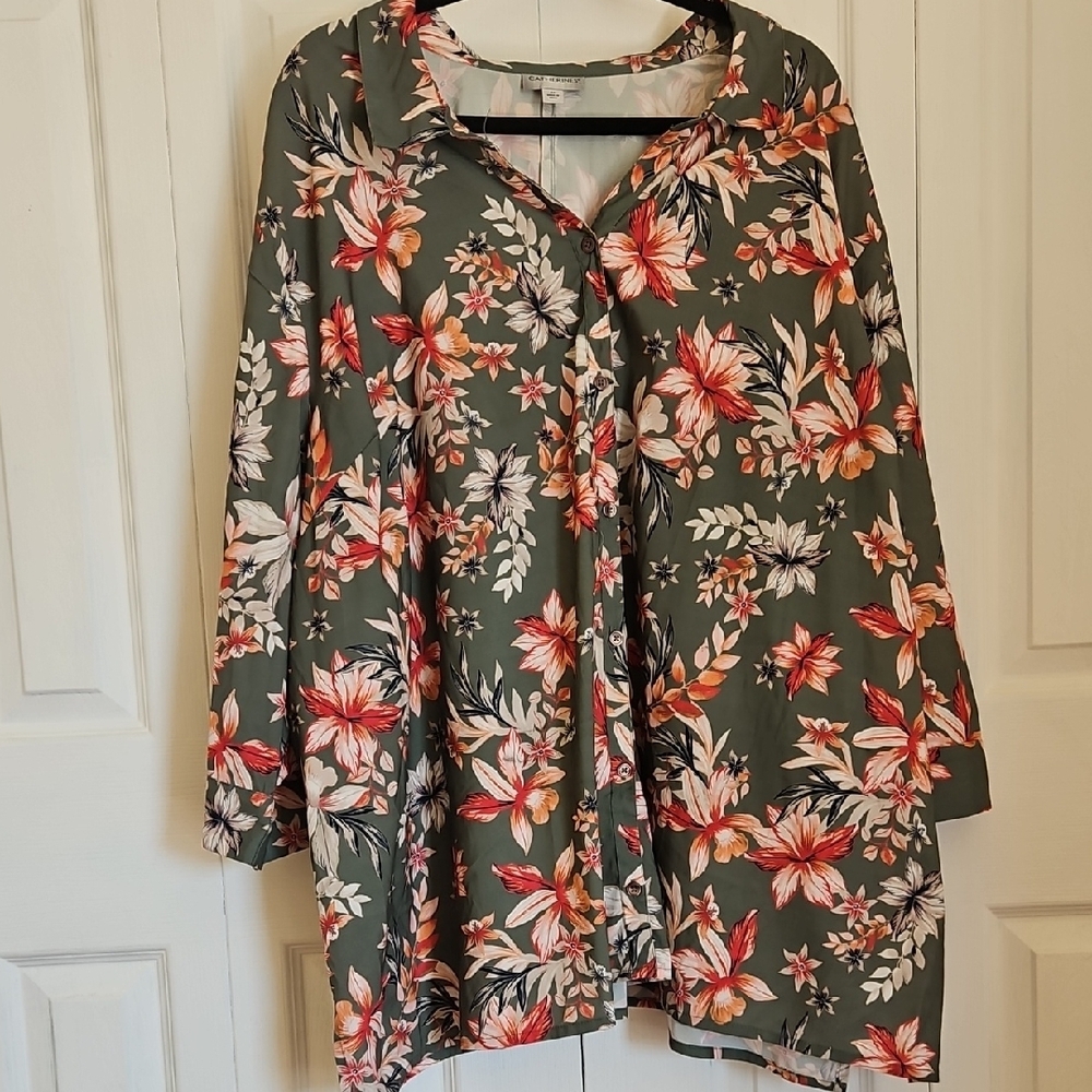 Catherines Floral Green Women's Top 4X
